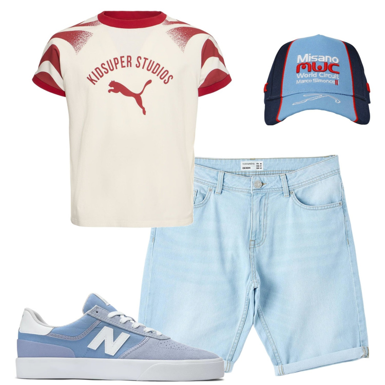 Outfit uomo - City. Stile Casual per Tutti i giorni. Abbinamento con bermuda, cappelli, sneakers, t-shirt.