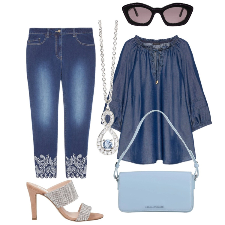 Outfit donna - I jeans con il pizzo. Stile Bon Ton per Tutti i giorni. Abbinamento con sandali in pelle, occhiali da sole, borse a mano, ciondoli, bluse, jeans skinny.