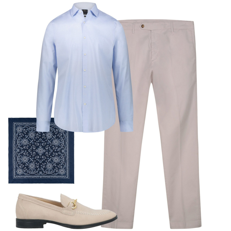 Outfit uomo - In ufficio. Stile Business/Elegante per Ufficio. Abbinamento con scarpe stringate, camicie, pantaloni chino, sciarpe e foulard.