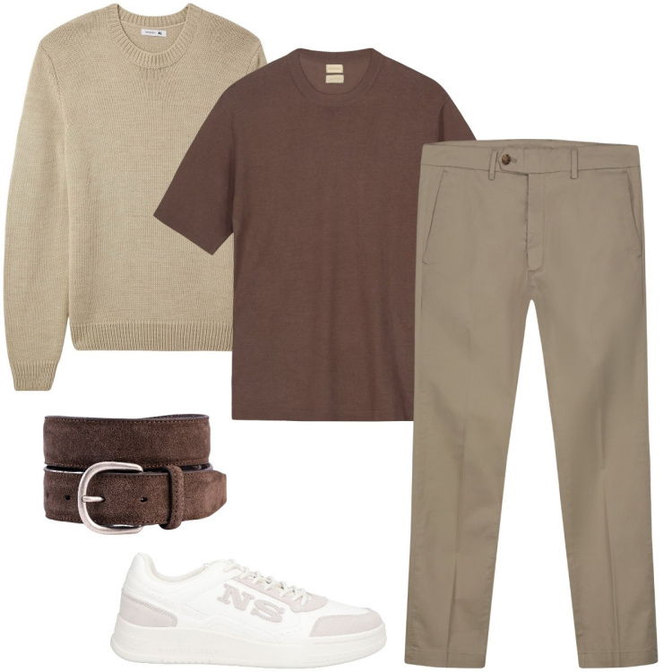 Outfit uomo - La t-shirt cioccolato. Stile Business/Elegante per Ufficio. Abbinamento con sneakers, maglieria, pantaloni chino, cinture, t-shirt.