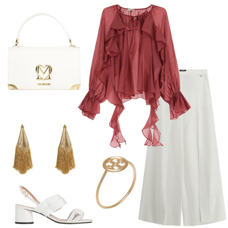 Outfit donna - Rouches e accessori. Stile Romantica per Cerimonia. Abbinamento con borse a mano, orecchini, anelli, sandali in pelle, pantaloni a palazzo, camicie.