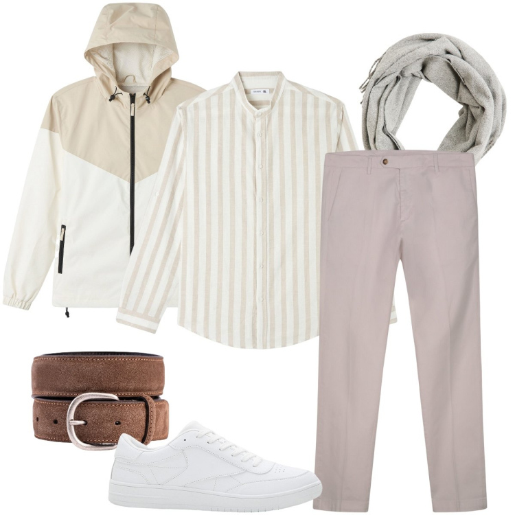 Outfit uomo - Toni chiari. Stile Urban per Ufficio. Abbinamento con sneakers, camicie, giacche, sciarpe, cinture, pantaloni chino.