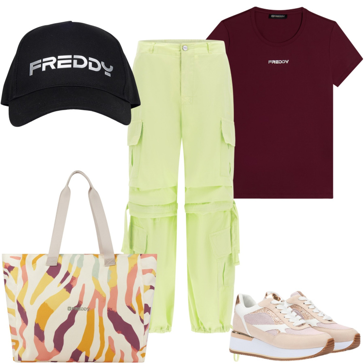 Outfit donna - Freddy I love. Stile Casual chic per Tutti i giorni. Abbinamento con pantaloni cargo, shopping bag, cappelli, t-shirt, sneakers.