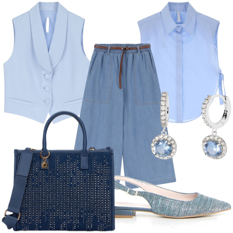 Outfit donna - Cielo che look. Stile Bon Ton per Ufficio. Abbinamento con orecchini, jeans, camicie, gilet, décolleté, borse a mano.