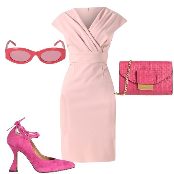 Outfit donna - scollatura incrociata. Stile Vintage retrò per Cerimonia. Abbinamento con décolleté, borse a tracolla, vestiti a tubino, occhiali da sole.