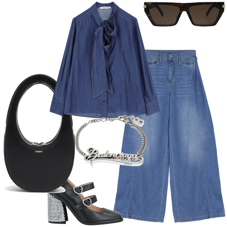 Outfit donna - Città. Stile Glamour per Tutti i giorni. Abbinamento con décolleté, occhiali da sole, jeans, camicie, braccialetti, borse a mano.