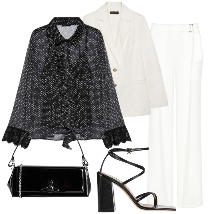 Outfit donna - Rouches romantiche. Stile Chic per Cerimonia. Abbinamento con sandali in pelle, borse a mano, pantaloni, camicie, blazer.