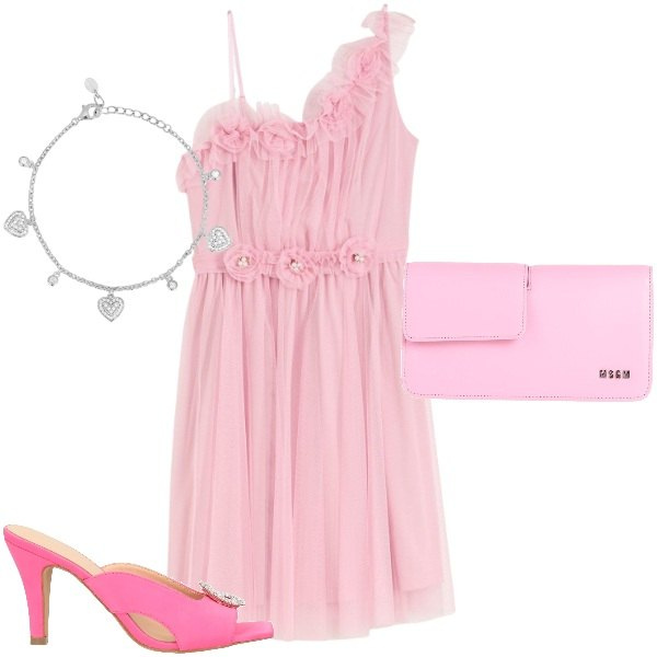 Outfit donna - Roselline in tulle e ciabattine in raso. Stile Vintage retrò per Cerimonia. Abbinamento con vestiti asimmetrici, sandali in pelle, borse a mano, braccialetti.