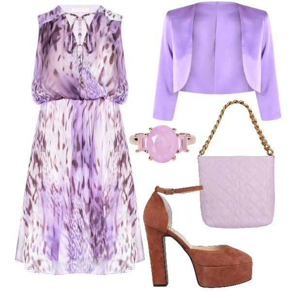 Outfit donna - Rinascimenti cerimonia lilla. Stile Vintage retrò per Cerimonia. Abbinamento con décolleté, borse a mano, anelli, vestiti senza maniche, bolero.