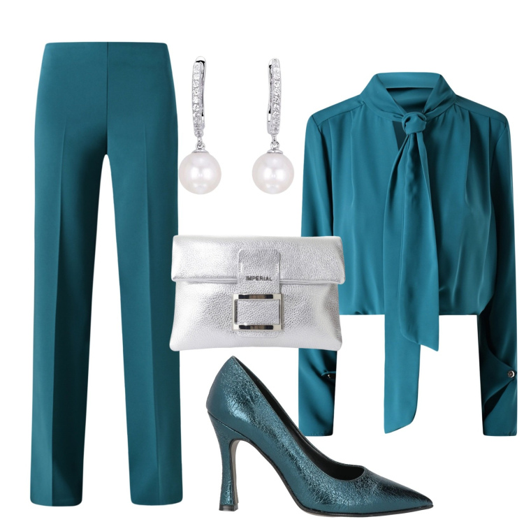 Outfit donna - Verde Reale. Stile Chic per Cerimonia. Abbinamento con décolleté, pochette, orecchini, pantaloni a palazzo, bluse.
