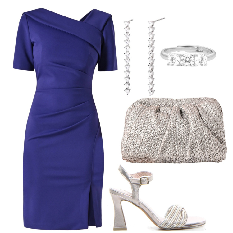 Outfit donna - Tubino color mirtillo. Stile Chic per Cerimonia. Abbinamento con anelli, orecchini, vestiti a tubino, clutch, sandali col tacco.