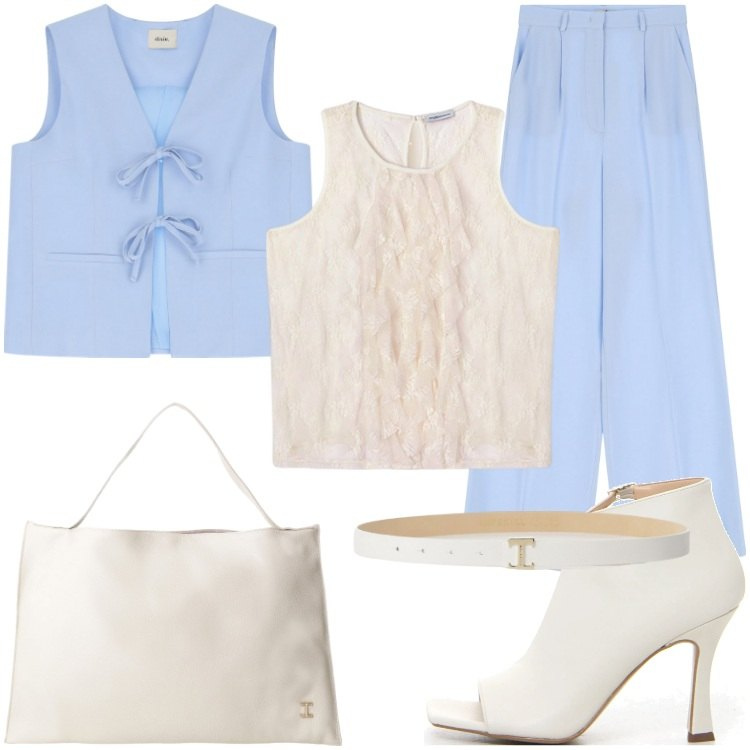 Outfit donna - Maggio celeste. Stile Chic per Tutti i giorni. Abbinamento con borse a spalla, cinture, pantaloni, gilet, sandali col tacco, top.