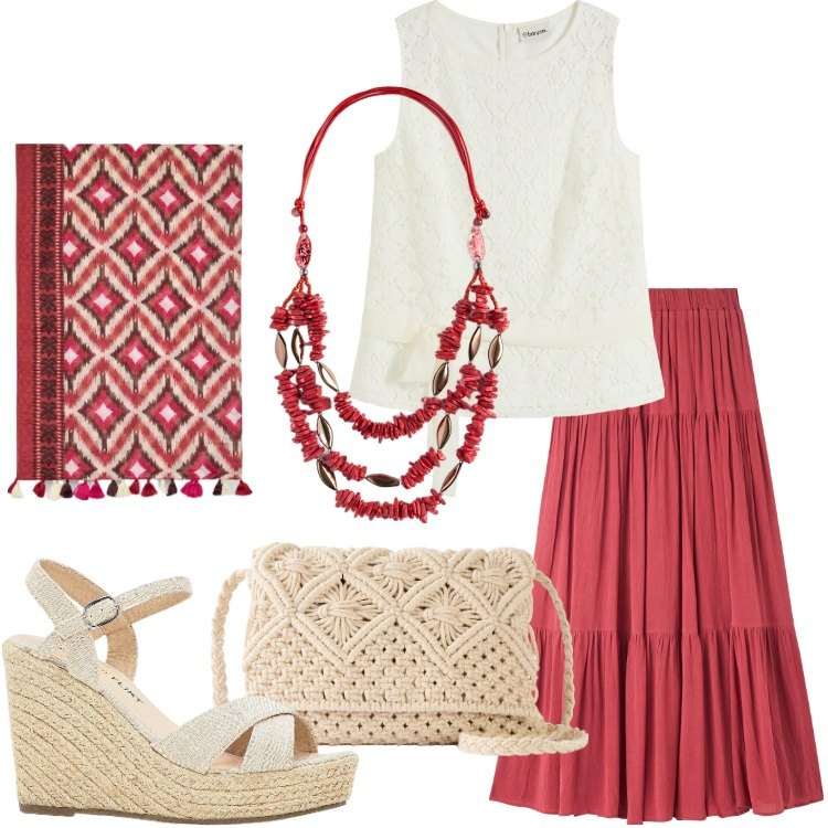 Outfit donna - Boho curvy style. Stile Boho per Tutti i giorni. Abbinamento con sandali, top, borse a tracolla, gonne lunghe, sciarpe, collane.