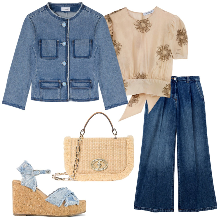 Outfit donna - Jeans e chiffon. Stile Casual chic per Tutti i giorni. Abbinamento con zeppe, blazer, jeans, bluse, borse a tracolla.