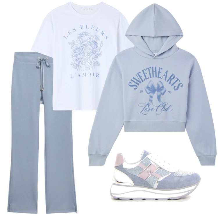 Outfit donna - Pomeriggio relax. Stile Casual per Sport. Abbinamento con felpe con cappuccio, t-shirt, pantaloni, sneakers.