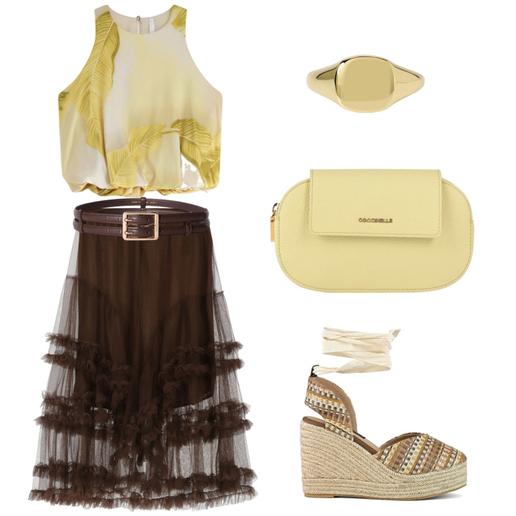 Outfit donna - Giallo marrone. Stile Casual chic per Tutti i giorni. Abbinamento con borse a mano, anelli, top, gonne lunghe, zeppe, cinture.
