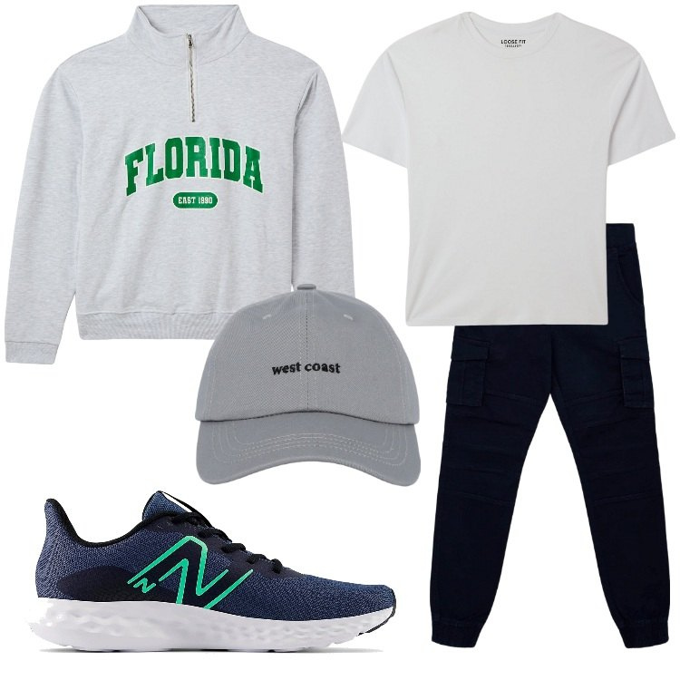 Outfit uomo - Casual sportivo. Stile Casual per Tutti i giorni. Abbinamento con cappelli con visiera, t-shirt, pantaloni cargo, felpe sportive, sneakers.
