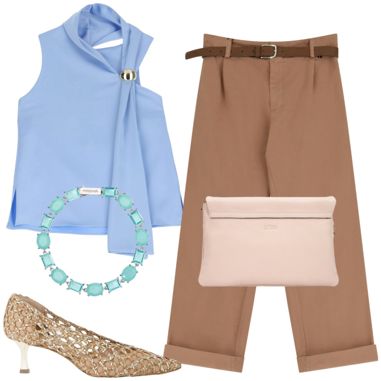 Outfit donna - Celeste a Maggio. Stile Chic per Tutti i giorni. Abbinamento con braccialetti, top, pantaloni chino, décolleté, borse a tracolla.
