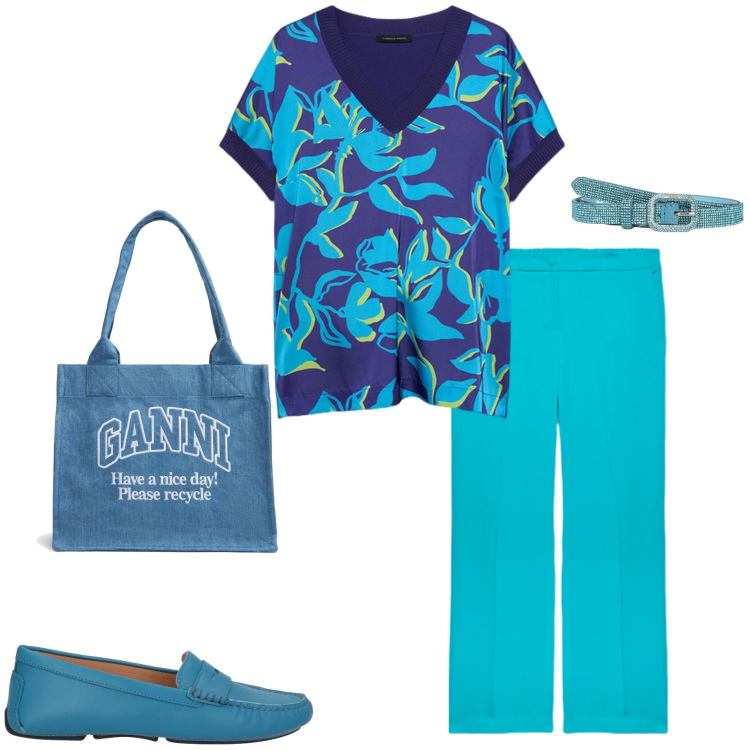 Outfit donna - Color del mare.... Stile Casual chic per Serata fuori. Abbinamento con mocassini, cinture, pantaloni, bluse, shopping bag.