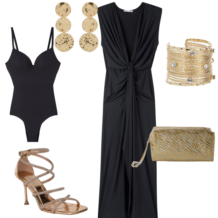 Outfit donna - Party in piscina. Stile Chic per Serata fuori. Abbinamento con sandali col tacco, vestiti lunghi, body, pochette, braccialetti, orecchini.