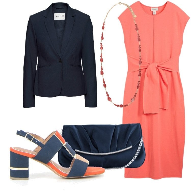 Outfit donna - Blu e corallo. Stile Bon Ton per Cerimonia. Abbinamento con blazer, pochette, vestiti, sandali in pelle, collane.