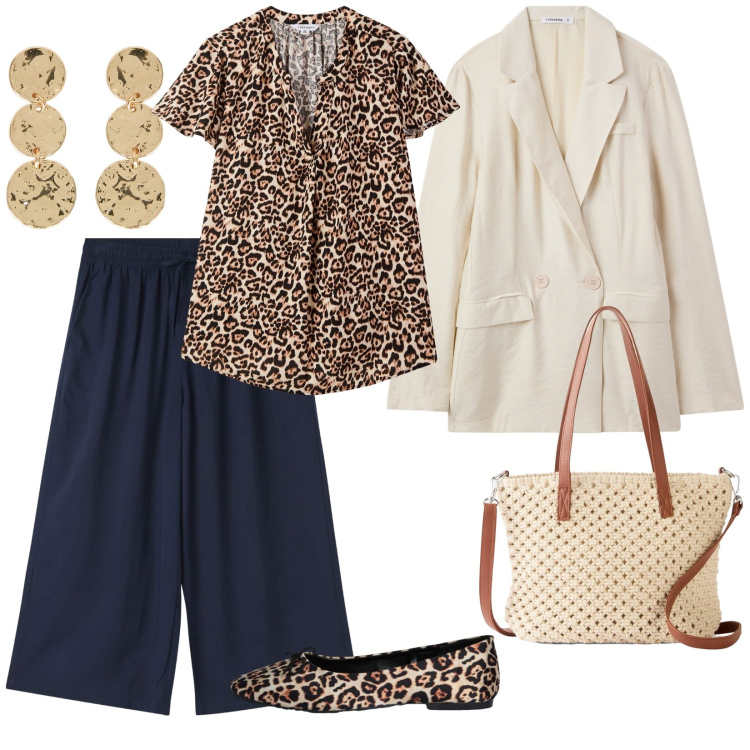 Outfit donna - Pratica a lavoro. per Ufficio. Abbinamento con borse a mano, pantaloni a palazzo, bluse, blazer, ballerine, orecchini.
