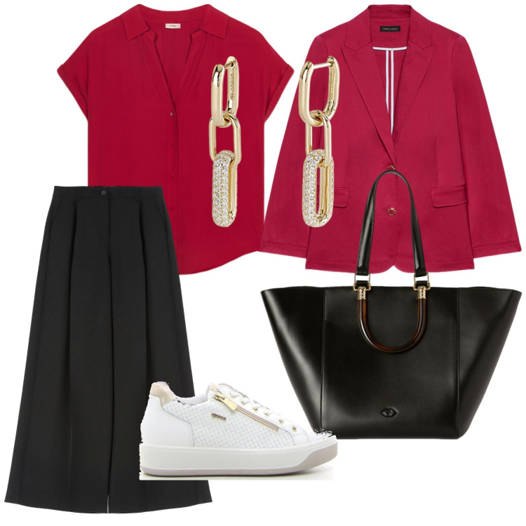 Outfit donna - Commissioni. per Tutti i giorni. Abbinamento con orecchini, pantaloni a palazzo, blazer, camicie a manica corta, sneakers, shopping bag.