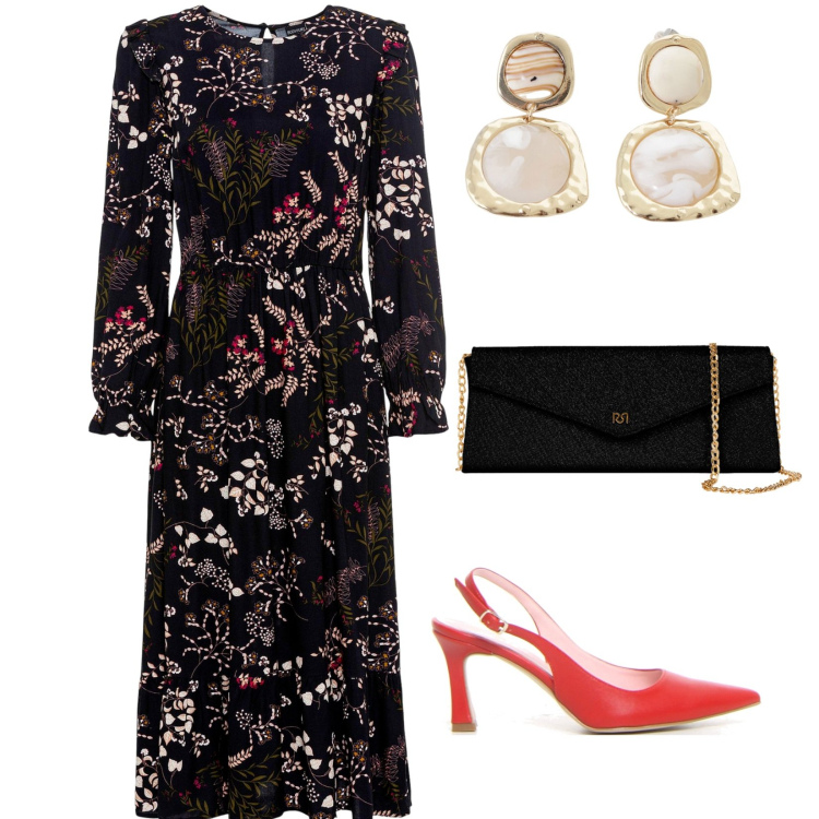 Outfit donna - Evento serale. per Serata fuori. Abbinamento con vestiti midi/longuette, pochette, orecchini, décolleté.