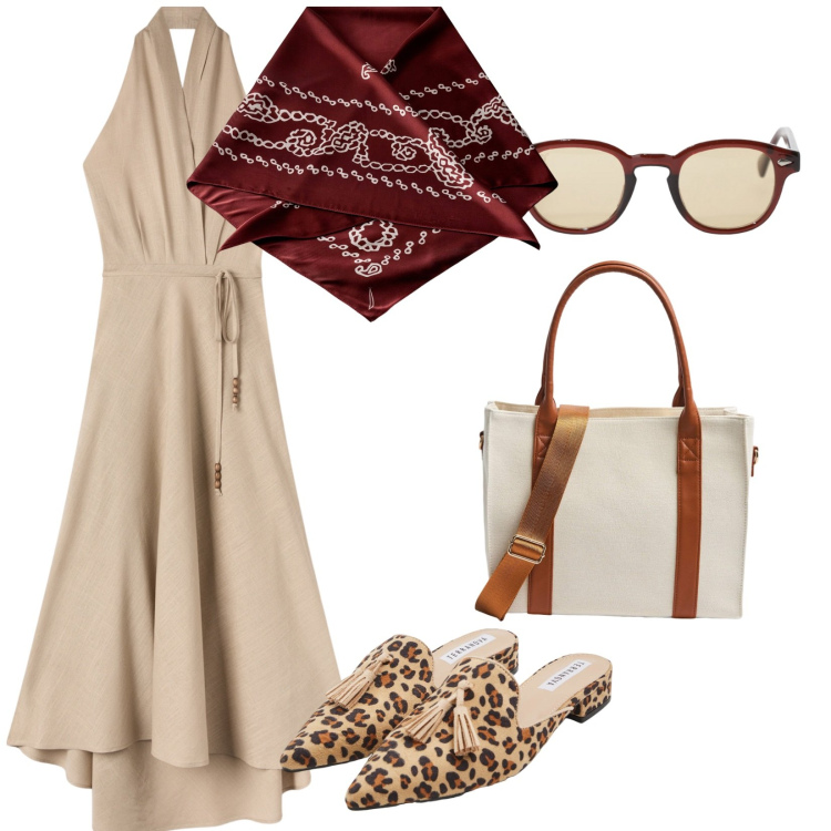 Outfit donna - Estate. per Tutti i giorni. Abbinamento con sabot, shopping bag, vestiti lunghi, occhiali da sole, foulard.
