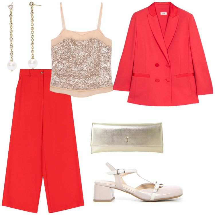 Outfit donna - Cerimonia in rosso. per Cerimonia. Abbinamento con orecchini, pochette, pantaloni a palazzo, sandali col tacco, blazer, top.