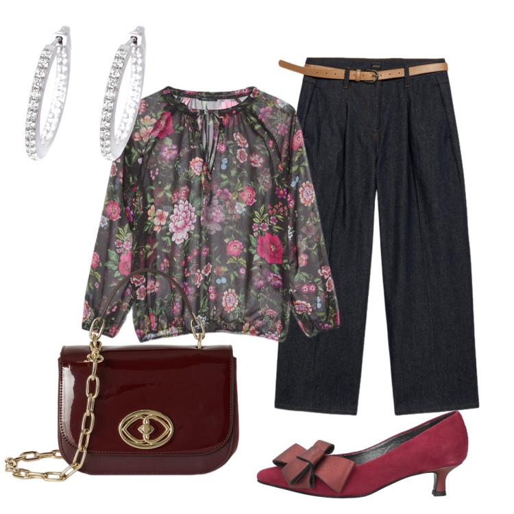 Outfit donna - In città. Stile Chic per Tutti i giorni. Abbinamento con décolleté, orecchini, bluse, borse a tracolla, jeans.