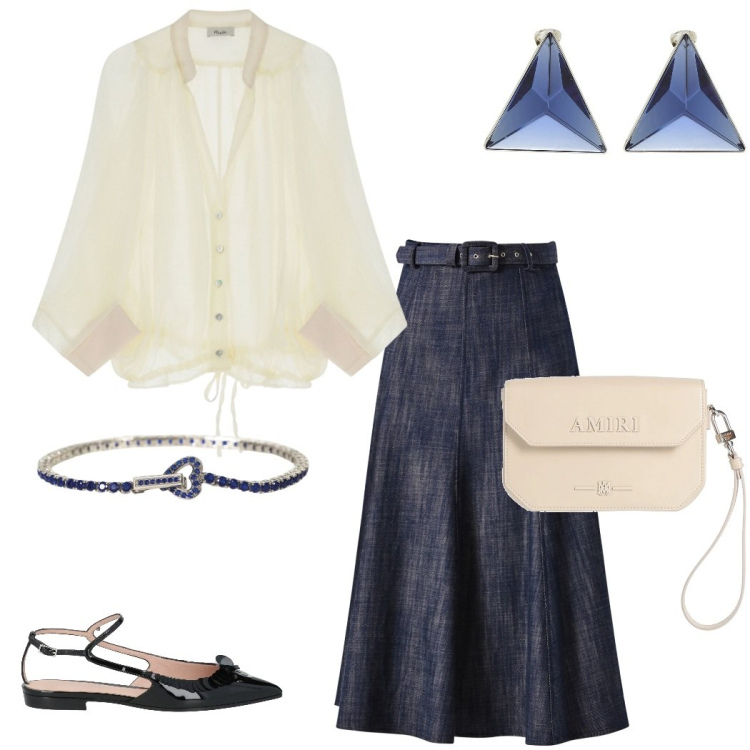 Outfit donna - Denim soft. Stile Casual chic per Serata fuori. Abbinamento con borse a mano, ballerine, orecchini, camicie, braccialetti, gonne longuette.