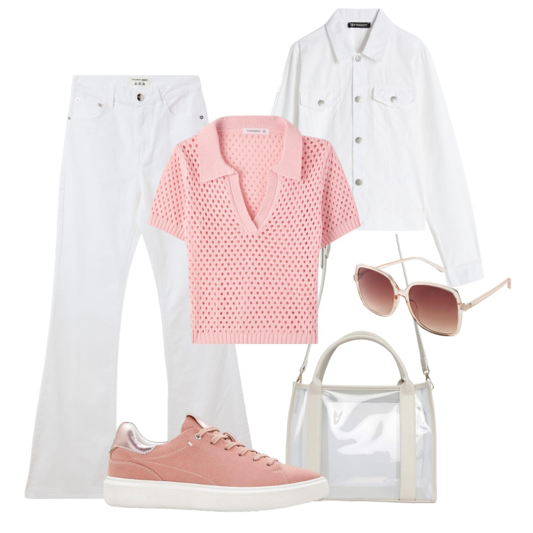 Outfit donna - Giornata a scuola. Stile Casual per Scuola/Università. Abbinamento con occhiali da sole, sneakers, polo, jeans a zampa, borse tote, blazer.