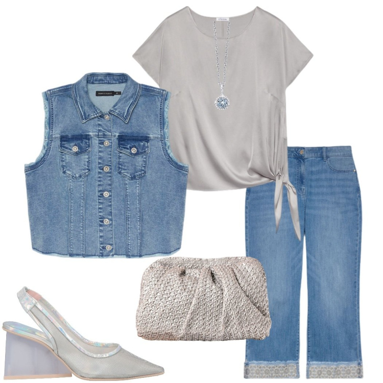 Outfit donna - Denim soft. Stile Casual chic per Serata fuori. Abbinamento con décolleté, collane, clutch, bluse, jeans dritti, gilet.
