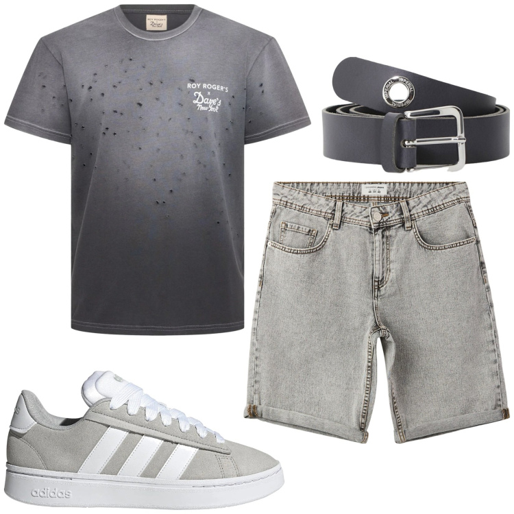 Outfit uomo - Total grey. Stile Casual per Tutti i giorni. Abbinamento con bermuda, cinture, sneakers, t-shirt.