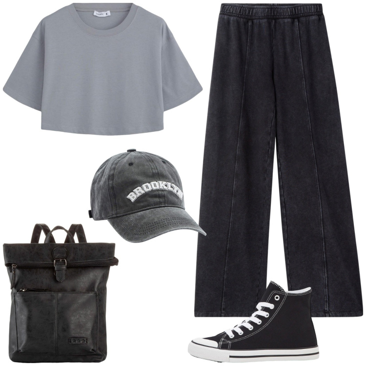 Outfit donna - Casual all\'università. Stile Basic per Scuola/Università. Abbinamento con zaini, sneakers alte, cappelli, pantaloni sportivi, t-shirt.