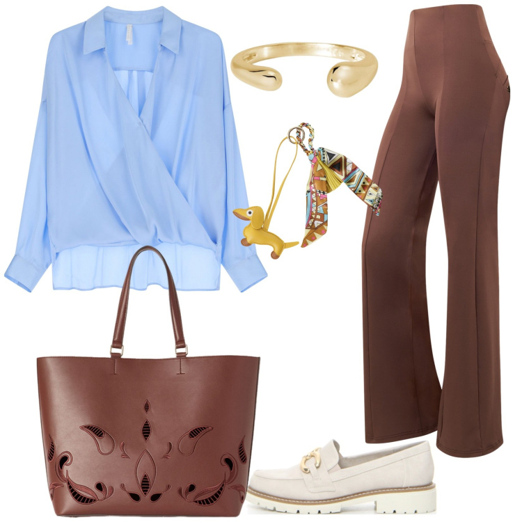 Outfit donna - Color cielo. Stile Trendy per Ufficio. Abbinamento con anelli, bluse, portachiavi, pantaloni skinny, mocassini, shopping bag.