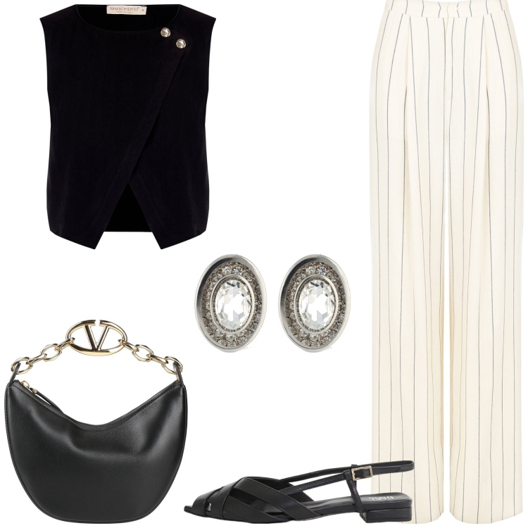 Outfit donna - Gessato. Stile Casual chic per Tutti i giorni. Abbinamento con borse a mano, top, pantaloni, sandali, orecchini.