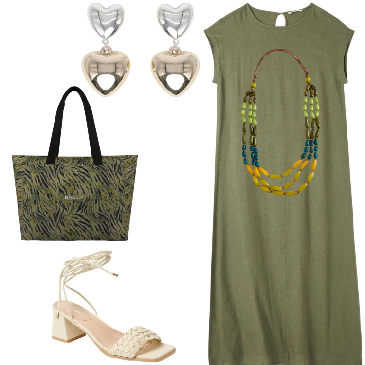 Outfit donna - Total look. Stile Casual per Tutti i giorni. Abbinamento con vestiti lunghi, orecchini, sandali alla schiava, shopping bag, collane.