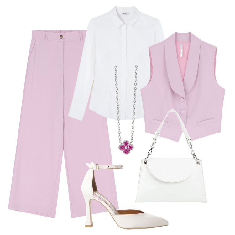 Outfit donna - Battesimo lilla e bianco. Stile Chic per Cerimonia. Abbinamento con borse a mano, collane, décolleté, gilet, pantaloni a palazzo, camicie.