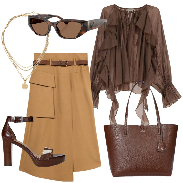 Outfit donna - Occhiali da sole trendy. Stile Trendy per Ufficio. Abbinamento con camicie, borse tote, ciondoli, occhiali da sole, sandali in pelle, gonne longuette.