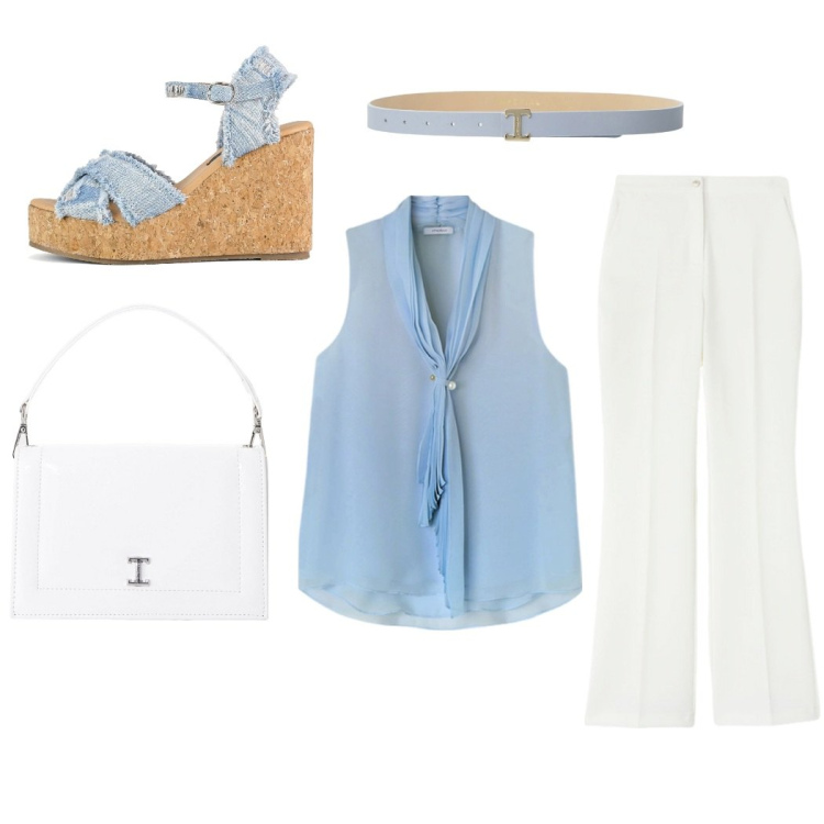 Outfit donna - Giornata in ufficio. Stile Chic per Ufficio. Abbinamento con borse a tracolla, cinture, zeppe, bluse, pantaloni a palazzo.