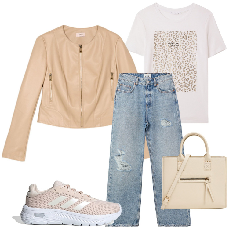 Outfit donna - Basic style. Stile Casual per Scuola/Università. Abbinamento con t-shirt, jeans strappati, shopping bag, sneakers, giacche.