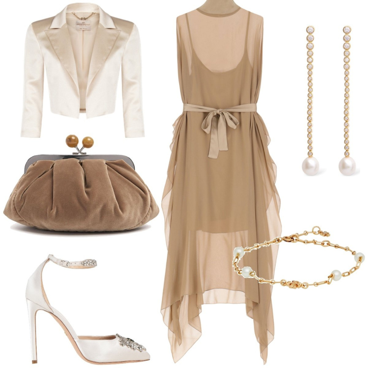 Outfit donna - Cerimonia. Stile Glamour per Cerimonia. Abbinamento con décolleté, braccialetti, bolero, vestiti lunghi, orecchini, pochette.