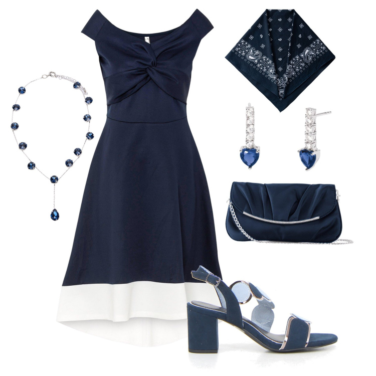 Outfit donna - Evento vintage in blu. Stile Vintage retrò per Cerimonia. Abbinamento con pochette, vestiti, orecchini, sandali col tacco, collane, foulard.