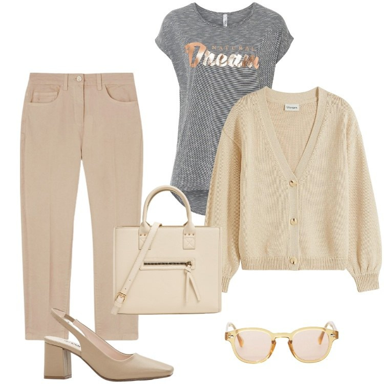 Outfit donna - Total look #2166611. Stile Casual per Ufficio. Abbinamento con maglieria, décolleté, cardigans, shopping bag, occhiali da sole, pantaloni.