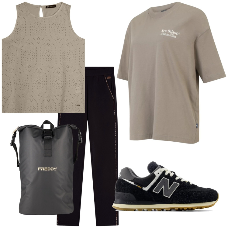 Outfit donna - Iscrizione fatta. Stile Casual per Sport. Abbinamento con sneakers, t-shirt, pantaloni, borse sportive, canottiere.