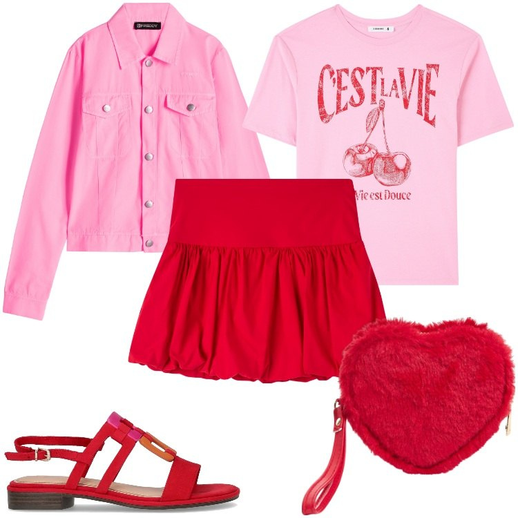 Outfit donna - C\'est la vie. Stile Romantica per Tutti i giorni. Abbinamento con portafogli, minigonne, t-shirt, blazer, sandali.