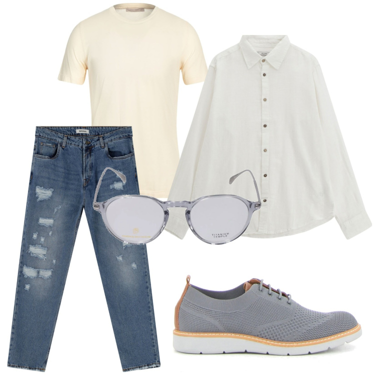Outfit uomo - Passeggiando. Stile Trendy per Tutti i giorni. Abbinamento con t-shirt, jeans, camicie, occhiali da sole, scarpe stringate.
