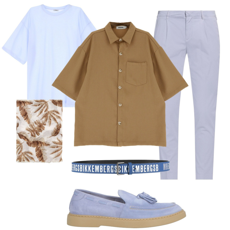 Outfit uomo - L\'aperitivo in terrazza. Stile Trendy per Tutti i giorni. Abbinamento con cinture, scarpe stringate, pantaloni chino, t-shirt, camicie a manica corta, sciarpe e foulard.